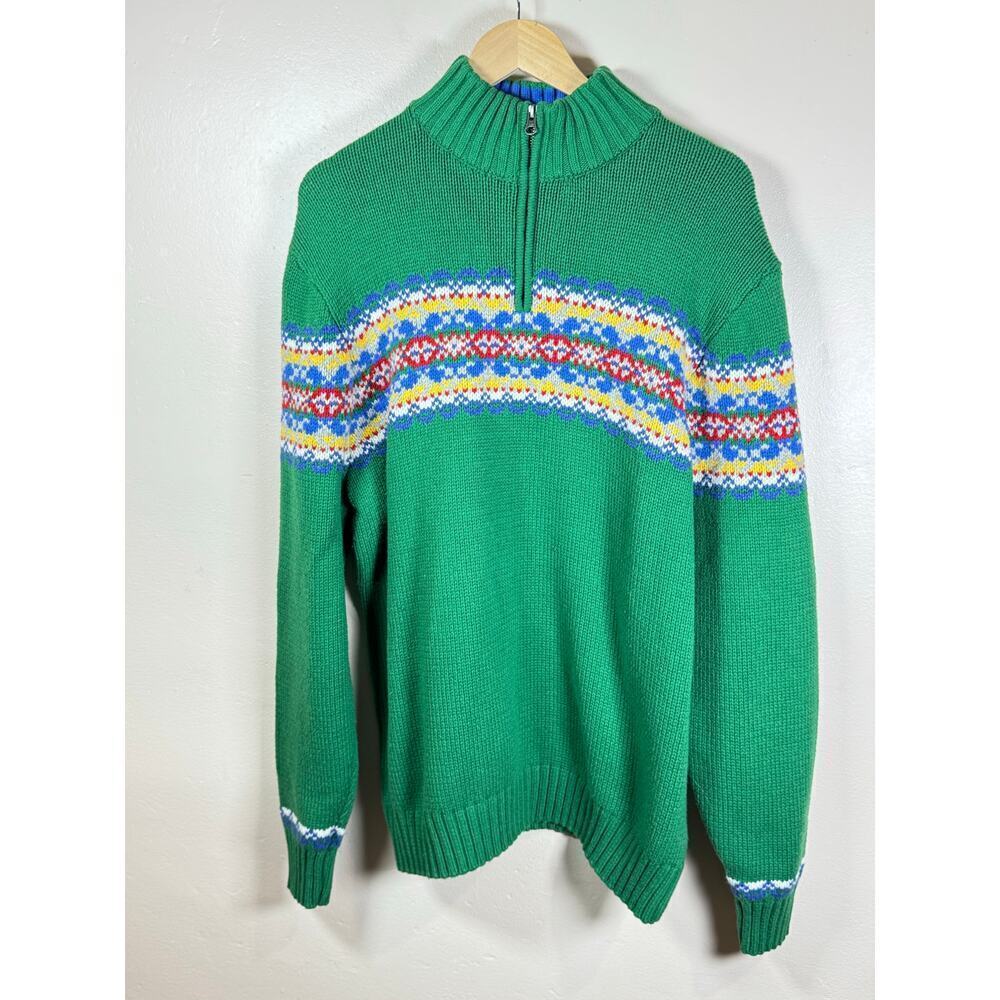BODEN Men’s Fair Isle Quarter zip Sweater Green wool blend XXL Holiday Christmas